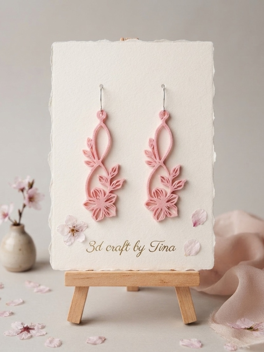 3D Pink Floral Drop Earrings by - Lightweight Women's Jewelry